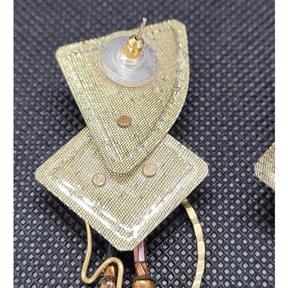 80s Vintage‎ Iridescent Metallic Statement Mixed Media Dangle Pierced Earrings - Picture 6 of 8